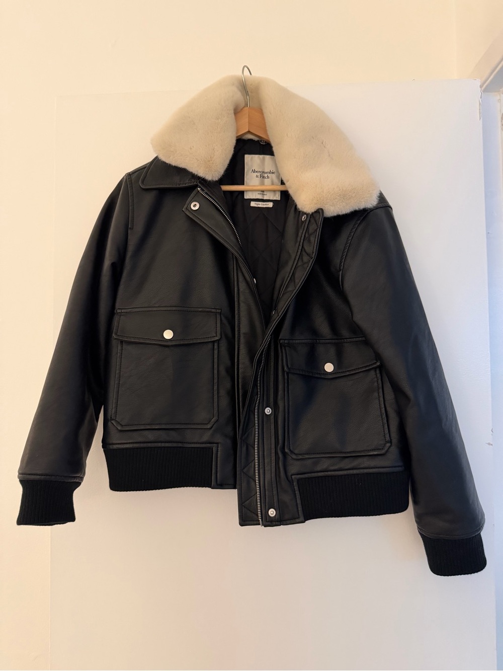 Abercrombie & Fitch Black Leather Jacket with Cream Shearling Collar